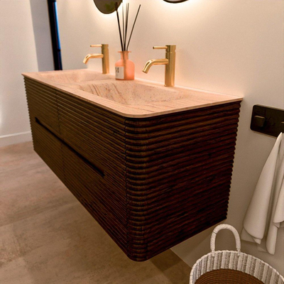 Mondiaz CIRO-DLUX Badkamermeubelset - 130x45x50cm - Solid surface wastafel Saba - 2 wasbak Dubbel - 2 kraangaten - 4 lades - Walnut