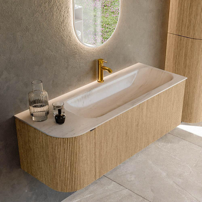 MONDIAZ KURVE-DLUX Meuble de salle de bains 125cm arrondi à gauche couleur Oak avec 1 tiroir et 1 porte. Lavabo BIG MEDIUM à droite 1 trou de robinet Meli.