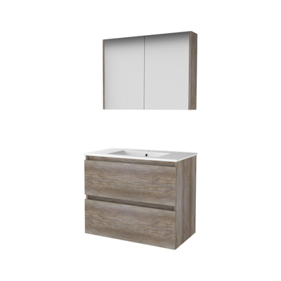 Basic-Line Comfort 46 ensemble de meubles de salle de bain 80x46cm sans poignée 2 tiroirs lavabo en porcelaine 1 trou de robinet armoire de toilette mfc scotch oak