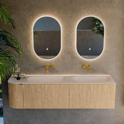 MONDIAZ KURVE-DLUX Meuble de salle de bains 165cm arrondi à gauche couleur Oak avec 2 tiroirs et 1 porte. Lavabo STOR SMALL Double / Droite sans trou de robinet Meli.