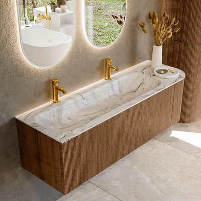 MONDIAZ KURVE-DLUX 145cm Meuble salle de bain avec module 25 D - couleur Walnut - 1 tiroir - 1 porte - vasque BIG LARGE gauche - 2 trous de robinet - couleur Glace