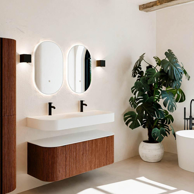 MONDIAZ THOR 120cm meuble de salle de bains arrondi gauche + droite couleur Ruby avec 1 tiroir et 2 portes. Vasque suspendue CLOUD Double 2 trous de robinet couleur Talc.