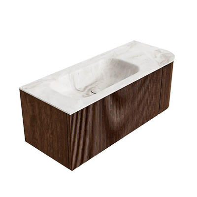 MONDIAZ KURVE-DLUX meuble de salle de bains 115cm avec module 25 R couleur Walnut avec 1 tiroir et 1 porte. Vasque BIG SMALL gauche sans trou de robinet couleur Frappe.