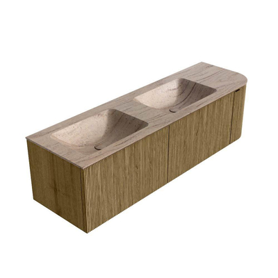 MONDIAZ KURVE-DLUX Meuble de salle de bains 155cm arrondi à droite couleur Dusk avec 2 tiroirs et 1 porte. Lavabo LEAF Double / Gauche 2 trous de robinet Saba.