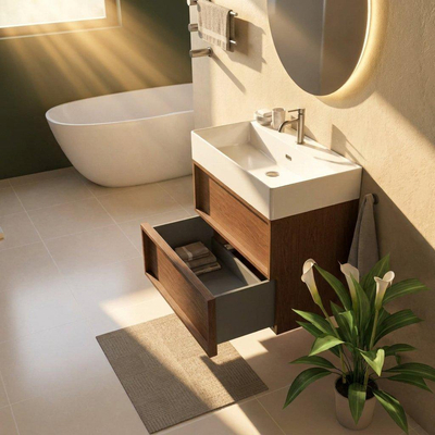 Saniclass Holz Frame Ensemble de meubles de salle de bains - 80x45x72cm - lavabo Legend en céramique blanc mat - 1 vasque - 1 trou de robinetterie - 2 tiroirs - noyer pur mat (bois)