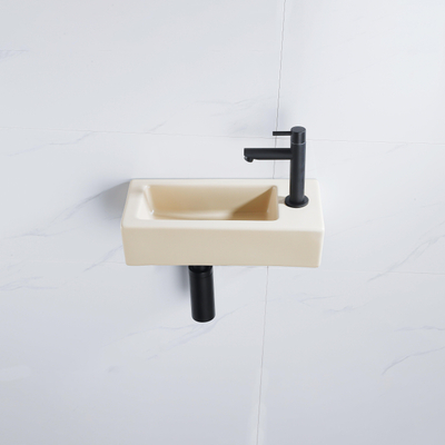 QeramiQ Fuente pack lave-mains – 37,5 x 18,5 x 9 cm – céramique beige – perçage à droite – robinet noir mat