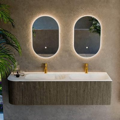 Mondiaz KURVE Ensemble de meuble salle de bain - 165x46x40cm - 2 tiroirs - 1 porte - lavabo en solid surface - double / droite - 2 trous de robinet - Shadow