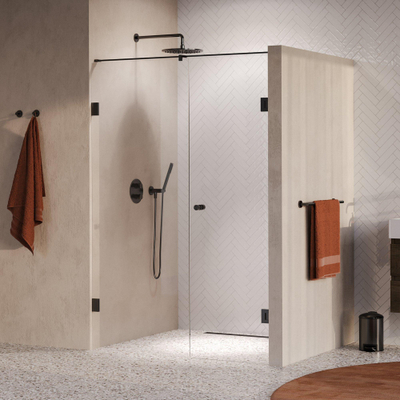 BRAUER Void Carving Nisdeur - 2-delig - 130x200cm - 60cm draaideur aan muur - glascoating - omkeerbaar - helder glas - geborsteld gunmetal PVD