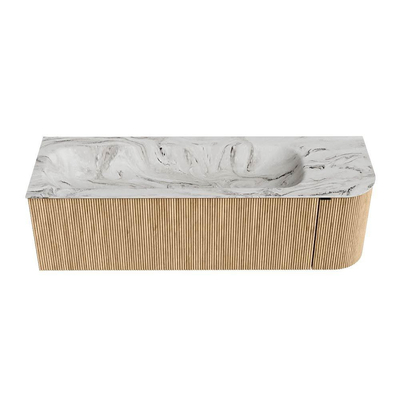 MONDIAZ KURVE-DLUX 145cm meuble de salle de bains avec module 25 R couleur chêne avec 1 tiroir et 1 porte. Vasque BIG LARGE gauche 1 trou de robinet couleur Glace.