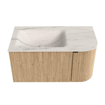 MONDIAZ KURVE-DLUX Meuble de salle de bains 85 cm arrondi à droite couleur Chêne avec 1 tiroir et 1 porte. Lavabo CLOUD à gauche sans trou de robinet Meli.