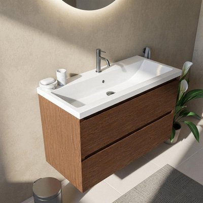 Saniclass Holz Pure Ensemble de meubles de salle de bains - 100x45x63.5cm - Lavabo en céramique Bari blanc - 1 vasque - 1 trou de robinetterie - 2 tiroirs - walnut pure mat (bois)