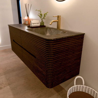 Mondiaz CIRO-DLUX Badkamermeubelset - 140x45x50cm - Solid surface wastafel Lava - 1 wasbak Rechts - 1 kraangat - 4 lades - Walnut