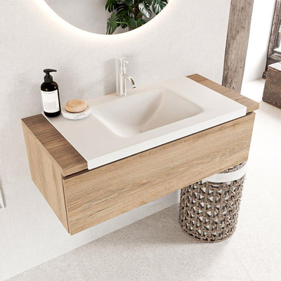 Mondiaz bukla ensemble de meubles de bain 100x45x34cm 1 trou pour robinetterie milieu lavabo surface solide talc sans poignée 1 tiroir avec fermeture douce mélamine chêne lavé