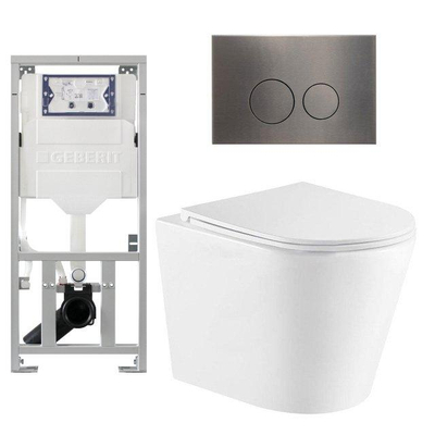 QeramiQ Dely Toiletset - 36.3x51.7cm - diepspoel - rimless - Geberit UP320 inbouwreservoir - met Burda frame - softclose toiletzitting - gunmetal bedieningsplaat - ronde knoppen - mat wit