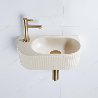 QeramiQ Fuente pack lave-mains – demi-rond – 40 x 21,5 x 12 cm – perçage à gauche – robinet doré brossé – cannelé