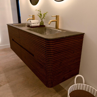 Mondiaz CIRO-DLUX Badkamermeubelset - 150x45x50cm - Solid surface wastafel Lava - 2 wasbak Dubbel - 2 kraangaten - 4 lades - Ruby