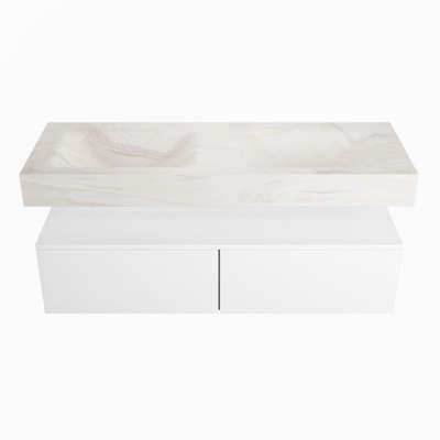 Mondiaz ALAN-DLUX Ensemble de meuble - 130cm - meuble Talc mat - 2 tiroirs - Lavabo Cloud Ostra suspendu - vasque Gauche et droite - 0 trous de robinet