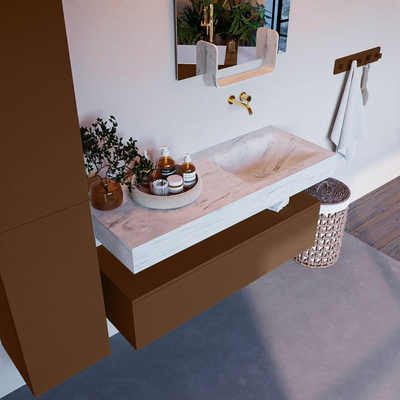 Mondiaz ALAN-DLUX Ensemble de meuble - 120cm - meuble Rust mat - 1 tiroir - Lavabo Cloud Opalo suspendu - vasque Droite - 0 trous de robinet