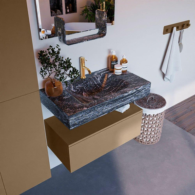 Mondiaz ALAN-DLUX Ensemble de meuble - 80cm - meuble Oro mat - 1 tiroir - Lavabo Cloud Lava suspendu - vasque Centre - 1 trou de robinet