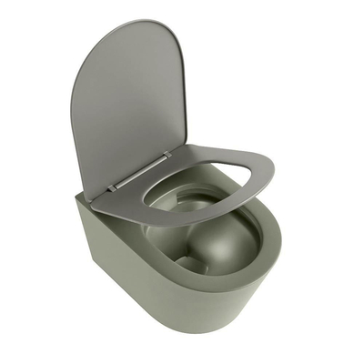 Mondiaz LAVIE hangtoilet – spoelrandloos – 36 x 53 cm – met softclose zitting – Army (groen), zitting Smoke (lichtbruin)