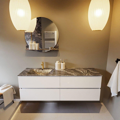 Mondiaz VICA-DLUX ensemble de meuble de salle de bain - 150cm - meuble sous lavabo talc - 4 tiroirs - lavabo encastré cloud gauche - 1 trou de robinet - miroir modèle spot - version XL 60cm haut - lave