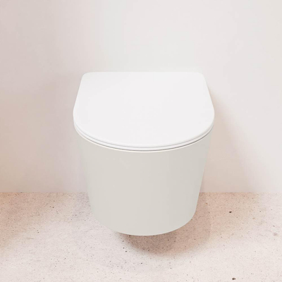 Mondiaz LAVIE hangtoilet – spoelrandloos – 36 x 53 cm – met softclose zitting – Linen (offwhite), zitting Talc (wit)