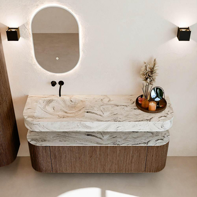 MONDIAZ THOR-DLUX 150cm badmeubel ronding links + rechts kleur Walnut met 1 lade en 2 deuren. Vrijhangende wastafel CLOUD Links zonder kraangat kleur Glace.