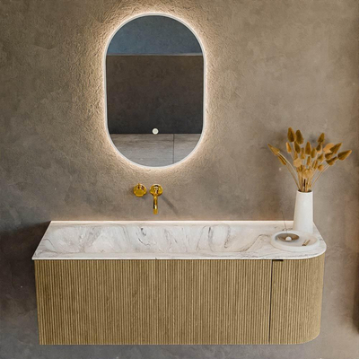Mondiaz KURVE-DLUX Ensemble meuble de salle de bains - 125x46x40cm - 1 tiroir - 1 porte - lavabo solid surface - gauche - sans trou de robinet - Dusk