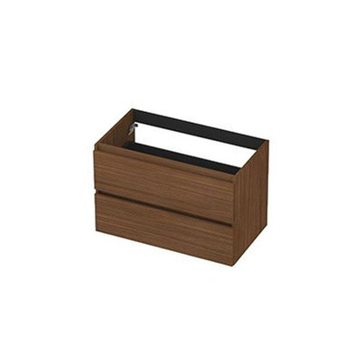 INK Wastafelonderkast - 80x45x52cm -- met wastafel wit keramiek - 2 lades - greeploos - met houten keerlijst - MDF - Warm walnoot OUTLETSTORE