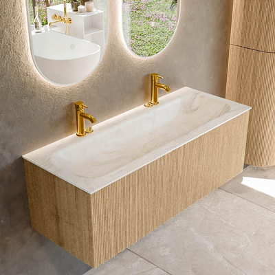 MONDIAZ KURVE-DLUX 120cm badmeubel kleur Oak met 1 lade. Wastafel BIG LARGE midden 2 kraangaten kleur Ostra.