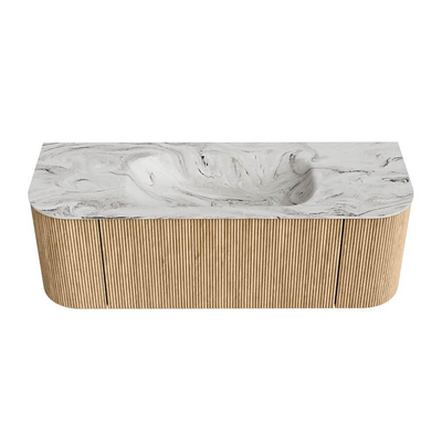 MONDIAZ KURVE-DLUX 130cm Meuble salle de bain avec module 25 G et D - couleur Oak - 1 tiroir - 2 portes - vasque BIG SMALL centre - 1 trou de robinet - couleur Glace