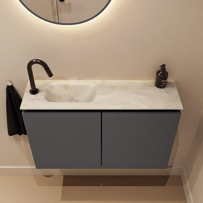 MONDIAZ TURE-DLUX Meuble toilette - 80cm - Dark Grey - EDEN - vasque Ostra - position gauche - 1 trou de robinet