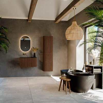 MONDIAZ KURVE 75cm Meuble salle de bain avec module 25 D - couleur Walnut - 1 tiroir - 1 porte - vasque GRUNNE gauche - sans trous de robinet - Urban