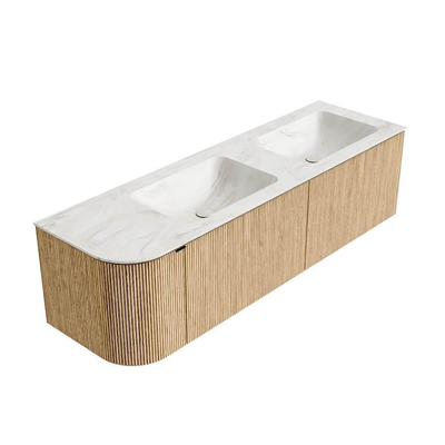 MONDIAZ KURVE-DLUX meuble de salle de bains 155cm avec module 25 L couleur Chêne avec 2 tiroirs et 1 porte. Lavabo LEAF double / droite 2 trous de robinet couleur Ostra.