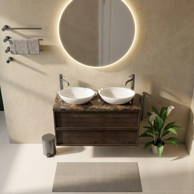 Saniclass Holz Frame Ensemble de meubles de salle de bains - 120x45x63cm - Plan de travail en pierre naturelle Noche dark emperador - 2 trous de robinet - 2 tiroirs - chêne charcoal mat (bois)