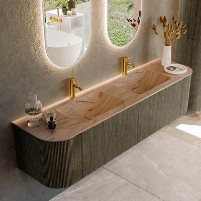 MONDIAZ KURVE-DLUX Meuble de salle de bains 180cm arrondi Gauche + Droite couleur Shadow avec 2 tiroirs et 2 portes. Lavabo LEAF Double 2 trous de robinet Arena.