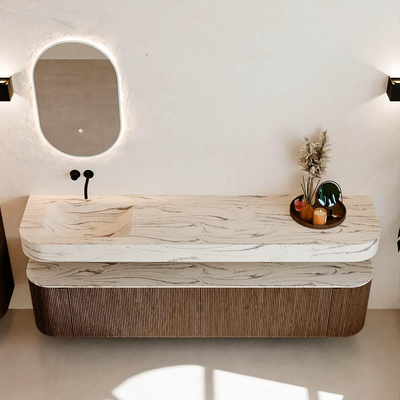 MONDIAZ THOR-DLUX 200cm badmeubel ronding links + rechts kleur Walnut met 2 lades en 2 deuren. Vrijhangende wastafel CLOUD Links zonder kraangat kleur Nata.