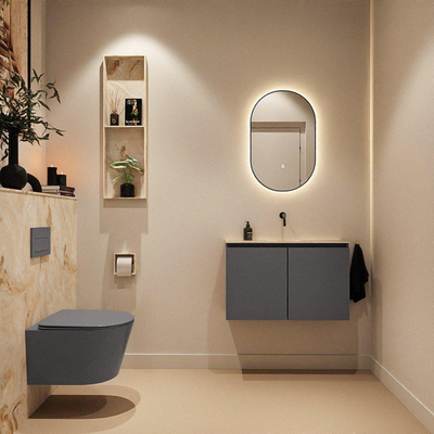 MONDIAZ TURE-DLUX Meuble toilette - 80cm - Dark Grey - EDEN - vasque Frappe - position centrale - sans trou de robinet