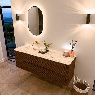 Mondiaz CIRO-DLUX Badkamermeubelset - 150x45x50cm - Solid surface wastafel Nata - 1 wasbak Links - zonder kraangaten - 4 lades - Dusk