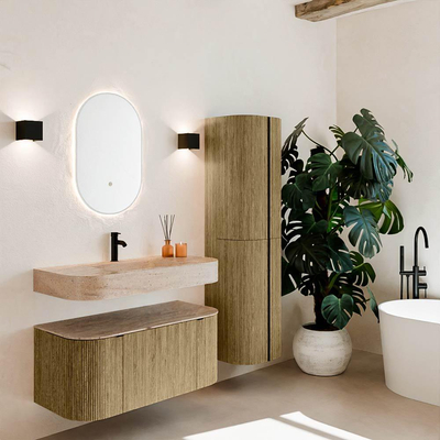 MONDIAZ THOR-DLUX Meuble de salle de bains - 100cm - arrondi gauche + droite - couleur Dusk - 1 tiroir - 2 portes - Vasque suspendue CLOUD Milieu 1 trou de robinet couleur Saba