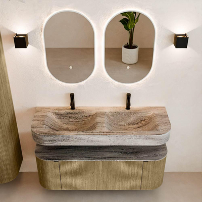 MONDIAZ THOR-DLUX 130cm badmeubel ronding links + rechts kleur Dusk met 1 lade en 2 deuren. Vrijhangende wastafel CLOUD Dubbel 2 kraangaten kleur Oza.