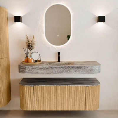 MONDIAZ THOR-DLUX 130cm badmeubel ronding links + rechts kleur Oak met 1 lade en 2 deuren. Vrijhangende wastafel CLOUD Midden 1 kraangat kleur Oza.