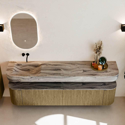 MONDIAZ THOR-DLUX Meuble de salle de bains - 200cm - arrondi gauche + droite - couleur Dusk - 2 tiroirs - 2 portes - Vasque suspendue CLOUD Gauche sans trou de robinet - couleur Sombra