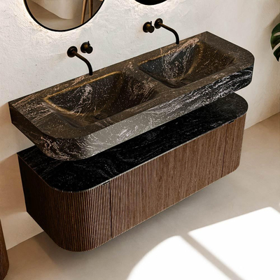 MONDIAZ THOR-DLUX 130cm meuble de salle de bains arrondi gauche + droite couleur Walnut avec 1 tiroir et 2 portes. Vasque suspendue CLOUD Double sans trou de robinet couleur Lava.