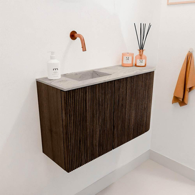 Mondiaz JOYA-DLUX 71.6cm toiletmeubel - ronding rechts kleur Walnut - Wastafel FAYE positie Links Zonder kraangat kleur Glace.