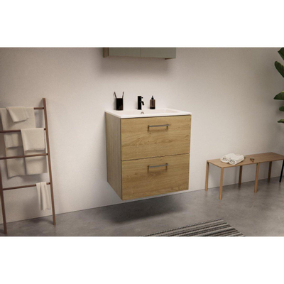 Nemo Go Ensemble de meuble - 60x65x45.5cm - 2 tiroirs - avec poignée - 1 vasque Blanc mat - 1 trous de robinet - avec armoire toilette - MDF Riverside oak