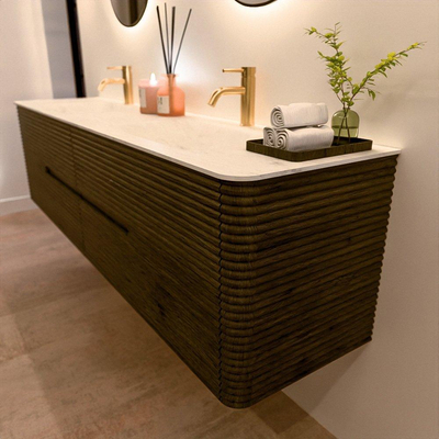 Mondiaz CIRO-DLUX Badkamermeubelset - 190x45x50cm - Solid surface wastafel Opalo - 2 wasbak Dubbel - 2 kraangaten - 4 lades - Shadow