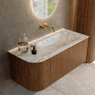 MONDIAZ KURVE-DLUX 105cm Meuble salle de bain avec module 25 G - couleur Walnut - 1 tiroir - 1 porte - vasque BIG SMALL droite - sans trou de robinet - couleur Glace