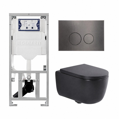 QeramiQ Dely Swirl Ensemble WC - 36.3x51.7cm - Réservoir encastré Geberit UP320 - Abattant de 35mm d'épaisseur - Plaque de commande en gunmetal - Boutons ronds - Noir mat