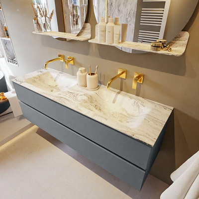 Mondiaz VICA-DLUX ensemble de meuble de salle de bain - 150cm - meuble sous-vasque plata - 2 tiroirs - lavabo encastrée cloud double - sans trous de robinet - version haute de 60cm - glace